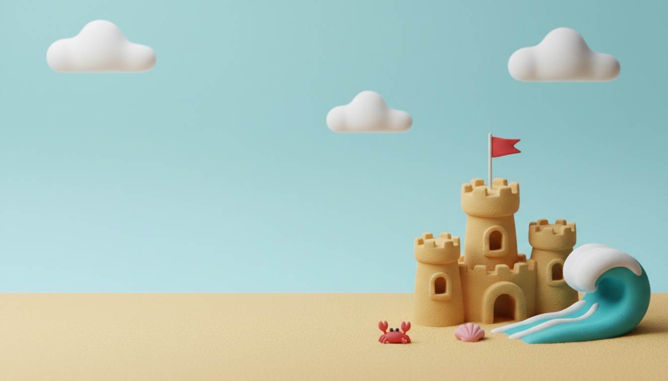 Illustration : un château de sable à drapeau rouge, une vague turquoise, un crabe et un coquillage
